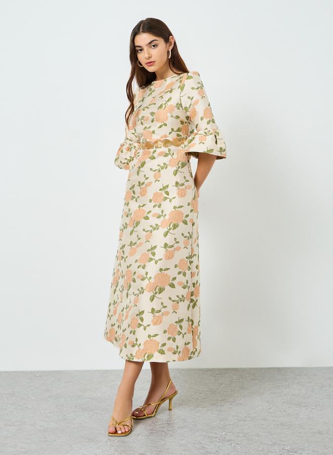 Styli Women Beige Floral Maxi Dress with 3/4 Sleeves - Image 2